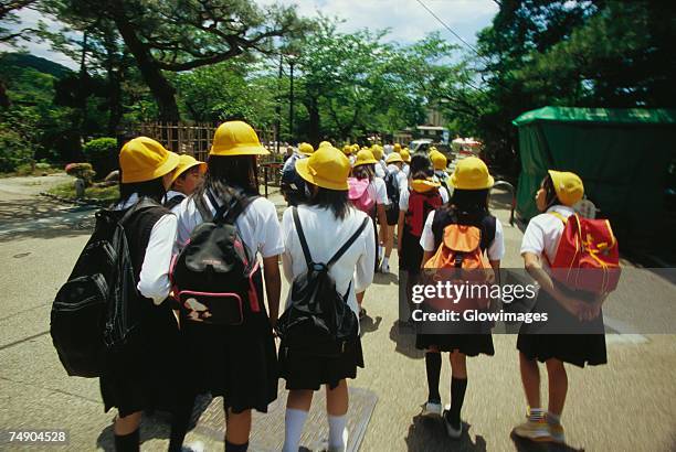 group of schoolgirls walking on the road, kyoto prefecture, japan - 子供のみ ストックフォトと画像