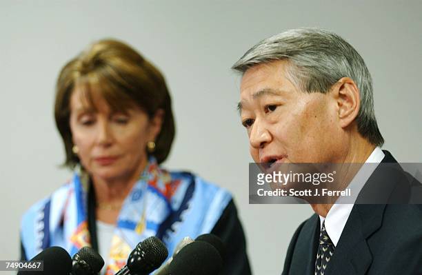 House Minority Leader Nancy Pelosi, D-Calif., and Robert T. Matsui, D-Calif., chairman of the Democratic Congressional Campaign Committee, during a...