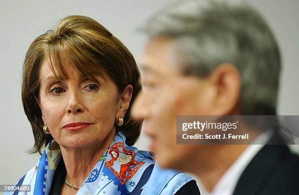 House Minority Leader Nancy Pelosi, D-Calif., and Robert T. Matsui, D-Calif., chairman of the Democratic Congressional Campaign Committee, during a...