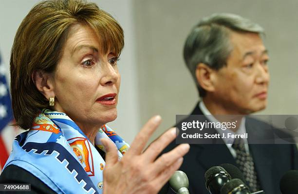 House Minority Leader Nancy Pelosi, D-Calif., and Robert T. Matsui, D-Calif., chairman of the Democratic Congressional Campaign Committee, during a...