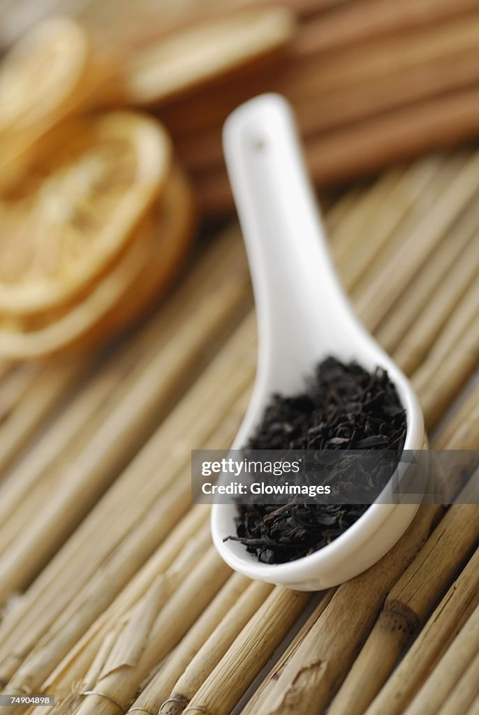 Close-up of tea leaves in a spoon