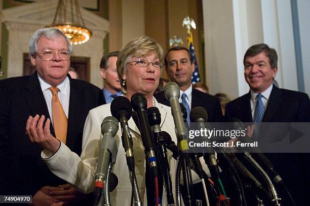 House Speaker J. Dennis Hastert, R-Ill., Conference Chair Deborah Pryce, R-Ohio, newly-elected House Majority Leader John A. Boehner, R-Ohio, and...