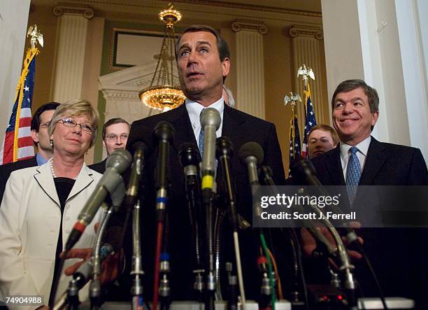 Conference Chair Deborah Pryce, R-Ohio, Conference Secretary John T. Doolittle, R-Calif., newly-elected House Majority Leader John A. Boehner,...