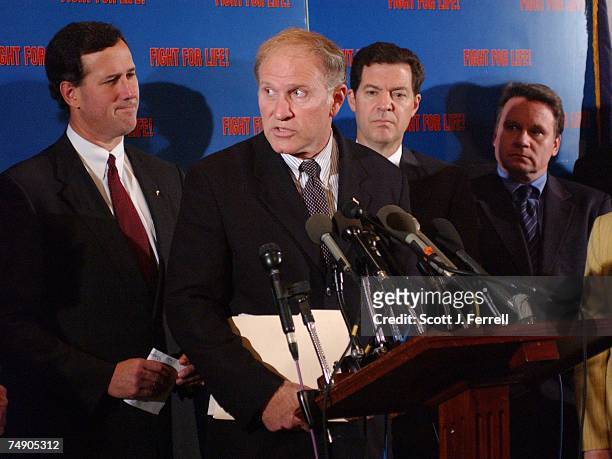 Sen. Rick Santorum, R-Pa., Rep. Steve Chabot, R-Ohio, Sen. Sam Brownback, R-Kan., and Rep. Christopher H. Smith, R-N.J., during a news conference...