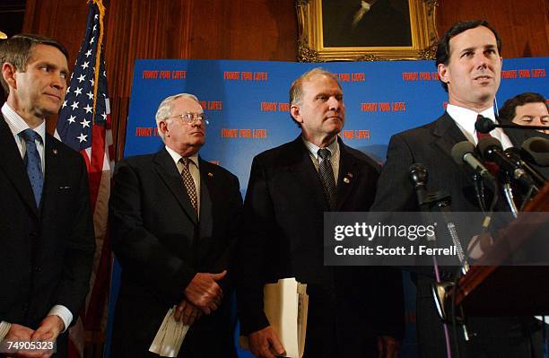 Senate Majority Leader Bill Frist, R-Tenn., Rep. Joe Pitts, R-Pa., Rep. Steve Chabot, R-Ohio, and Sen. Rick Santorum, R-Pa., during a news conference...
