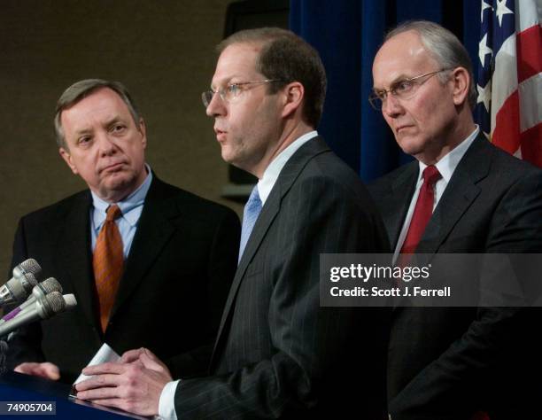 Senate Assistant Minority Leader Richard J. Durbin, D-Ill., Sen. John Sununu, R-N.H., and Sen. Larry E. Craig, R-Idaho, during a news conference on...