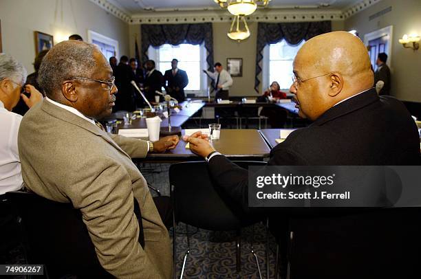 Democratic Caucus Chair James E. Clyburn, D-S.C., and forum moderator Joe Madison, a radio host on WOL/AM and XM Radio, talk before the forum on...