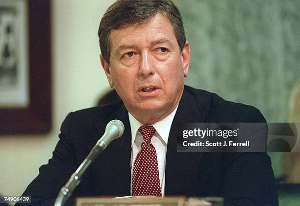 Sen. John Ashcroft, R-Mo., makes his opening statement during a hearing of the Commerce Committee's Communications Subcommittee on Federal...