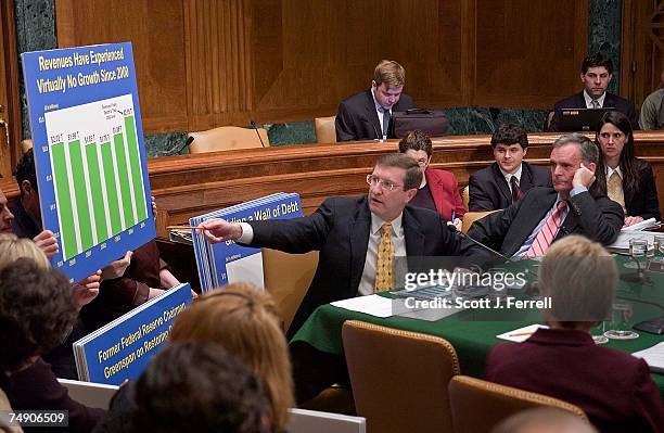 Senate Budget ranking Democrat Kent Conrad, D-S.D., and Chairman Judd Gregg, R-N.H., during the markup of the fiscal 2007 budget resolution. Gregg...