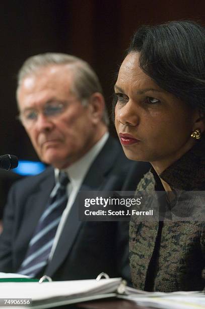 Defense Secretary Donald H. Rumsfeld and Secretary of State Condoleezza Rice testify during the hearing on the supplemental request.