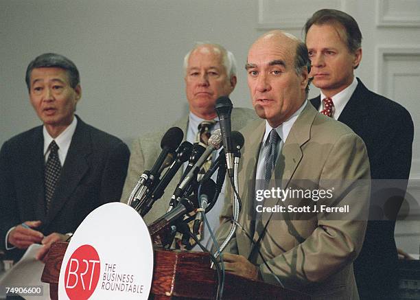 Commerce Secretary William Daley, speaking, and Reps. Robert T. Matsui, D-Calif., Jim Kolbe, R-Ariz., and David Dreier, R-Calif., during a news...