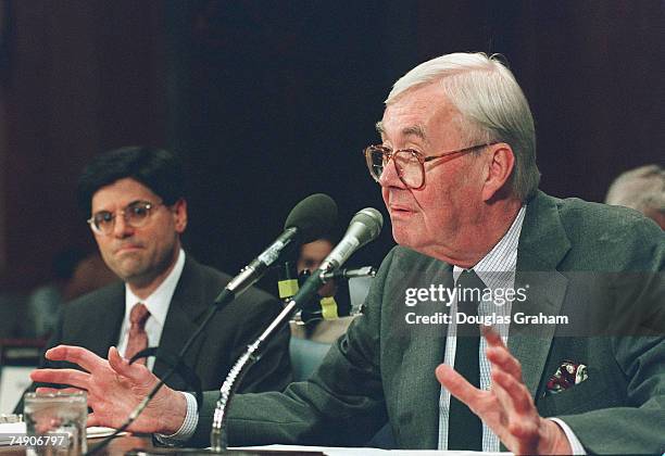 Daniel Patrick Moynihan,D-N.Y., introduces Jacob J. Lew at the Senate Governmental Affairs Committee confirmation hearing for the director of the...