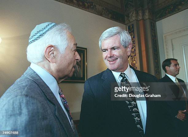 Speaker of the House Newt Gingrich,R-Ga., talks with Rabbi Ehrenkranz in a waiting room before the start of the press conference on the partial birth...