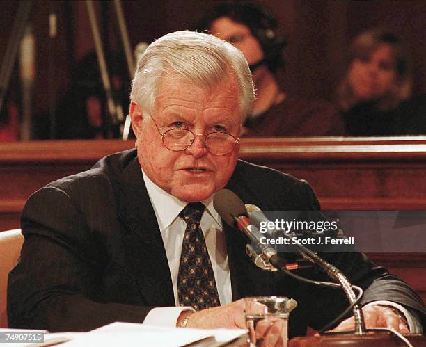 Sen. Edward M. Kennedy, D-Mass., makes his statement against former Sen. John Ashcroft to be U.S. Attorney General during the Senate Judiciary...