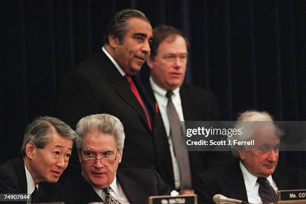 Robert T. Matsui, D-Calif., William J. Coyne, D-Pa., House Ways & Means ranking Democrat Charles Rangel, D-N.Y., an unidentified staffer, and Sander...