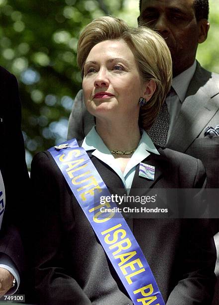 Senate candidate and First Lady Hillary Rodham Clinton stands during the Israel Day parade June 4, 2000 in New York. Lazio and Clinton both marched...