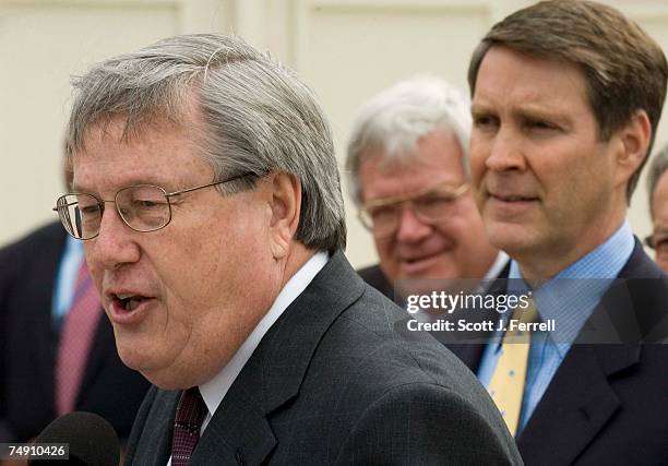 House Ways and Means Chairman Bill Thomas, R-Calif., House Speaker J. Dennis Hastert, R-Ill., and Senate Majority Leader Bill Frist, R-Tenn., during...