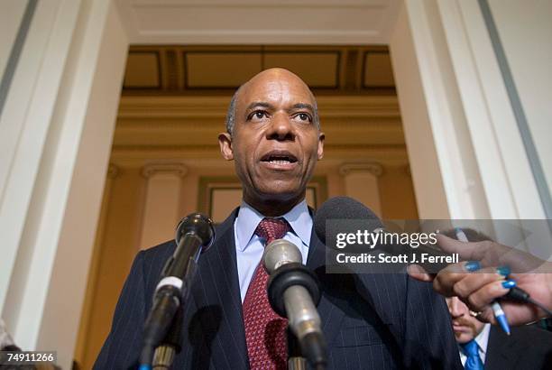 Rep. William J. Jefferson, D-La., talks to the media after speaking to the House Democratic caucus to urge his colleagues to allow him to remain on...