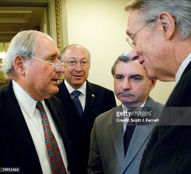 Sen. Carl Levin, D-Mich., Sen. Ken Salazar, D-Colo., Sen. Jack Reed, D-R.I., and Senate Minority Leader Harry Reid, D-Nev., during a news conference...
