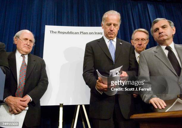 Sen. Carl Levin, D-Mich., Sen. Joseph R. Biden, D-Del., Senate Minority Leader Harry Reid, D-Nev., and Sen. Jack Reed, D-R.I., during a news...