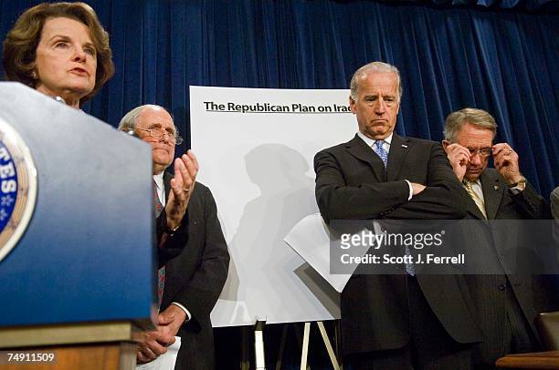 Sen. Dianne Feinstein, D-Calif., Sen. Carl Levin, D-Mich., Sen. Joseph R. Biden, D-Del., and Senate Minority Leader Harry Reid, D-Nev., during a news...