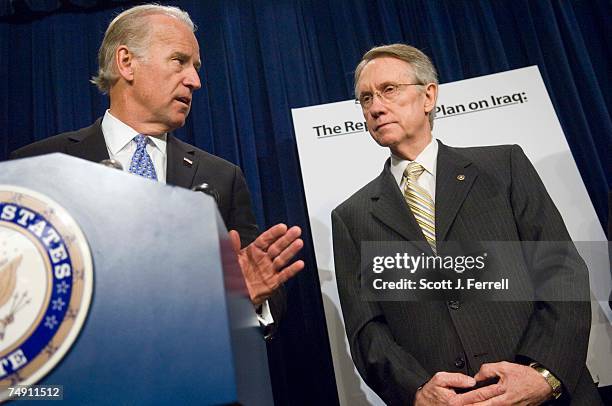Sen. Joseph R. Biden Jr., D-Del., and Senate Minority Leader Harry Reid, D-Nev., during a news conference on troop withdrawal from Iraq. Behind them...