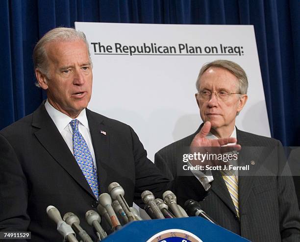 Sen. Joseph R. Biden Jr., D-Del., and Senate Minority Leader Harry Reid, D-Nev., during a news conference on troop withdrawal from Iraq. Behind them...