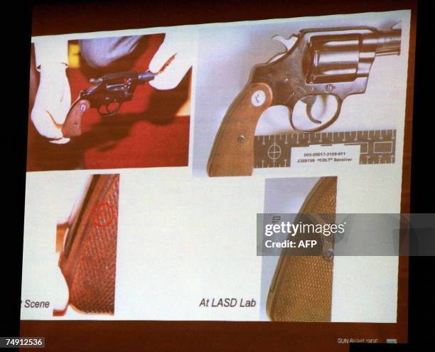 Los Angeles, UNITED STATES: Projected evidence images showing forensic photographic details of a .38 Colt Cobra, the gun identified as the weapon...