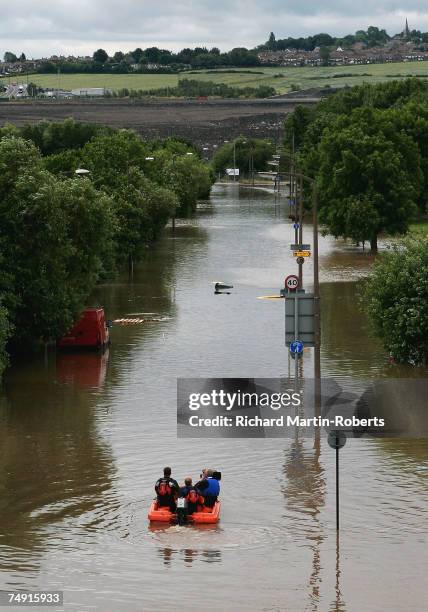 View of submerged streets following flooding in the Catcliffe area of Rotherham half a mile from the cracked Ulley Dam, on June 26, 2007 in...