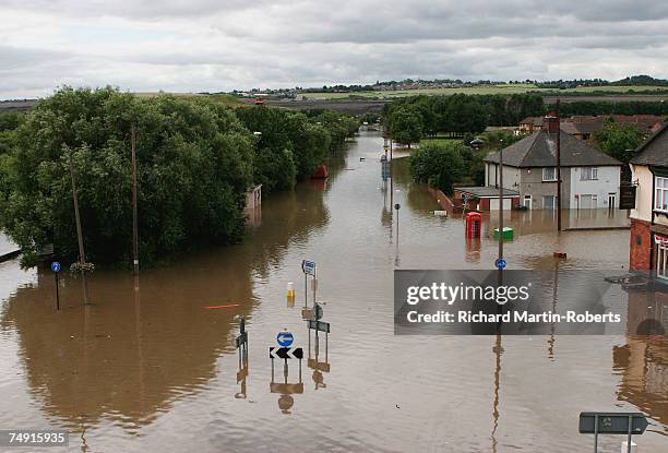 View of submerged streets following flooding in the Catcliffe area of Rotherham half a mile from the cracked Ulley Dam, on June 26, 2007 in...