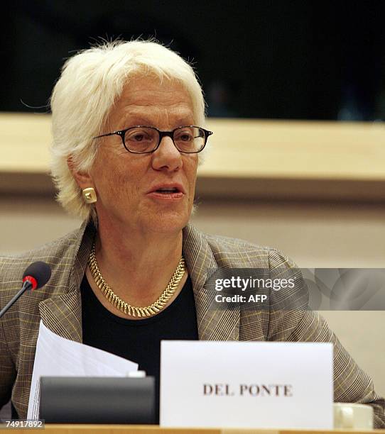 The Prosecutor of the International Criminal Tribunal for the Former Yugoslavia, Italian Carla Del Ponte is pictured during the discussion on ICTY's...