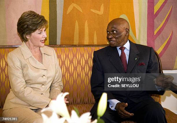 First Lady Laura Bush meets with Senegalese President Abdoulaye Wade at the presidential palace in Dakar, 26 June 2007. Laura Bush promised to back...