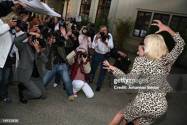 Actress Isabella Huebner-Schmoelzer and colleague Julia Dahmen pose during a reception of the Bavaria film company on June 26 in Munich, Germany.