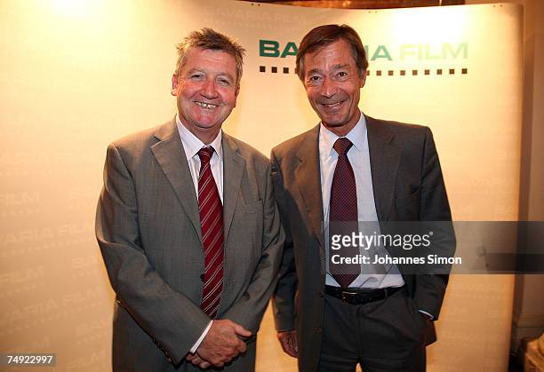 Matthias Esche and Dieter Frank, CEO's of the Bavaria film company pose during a reception of the Bavaria film company on June 26 in Munich, Germany.