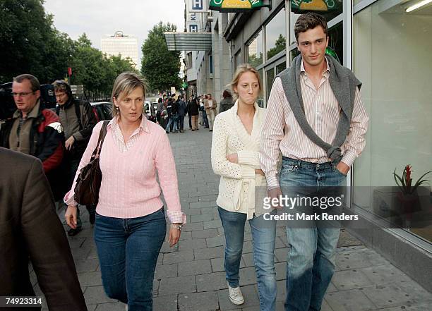 Princess Astrid, Princess Maria- Laura and Prince Amadeo of Belgium leave the Saint Jean Hospital after visiting King Albert of Belgium who suffered...