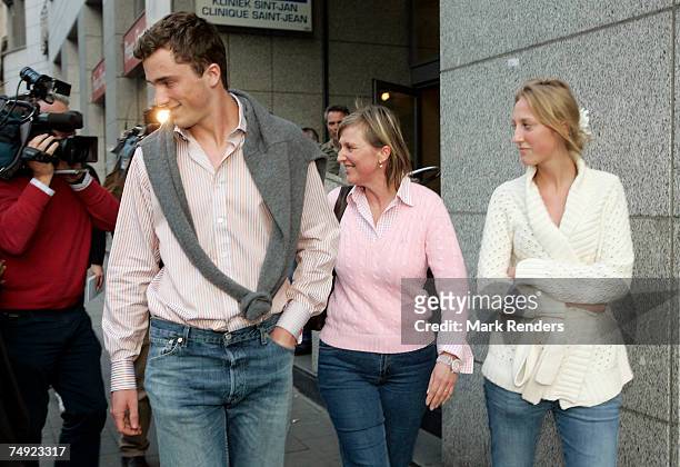 Princess Astrid, Princess Maria- Laura and Prince Amadeo of Belgium leave the Saint Jean Hospital after visiting King Albert of Belgium who suffered...