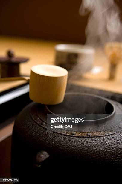 steam coming out of a tea kettle, close up, differential focus, japan - bamboo dipper photos et images de collection