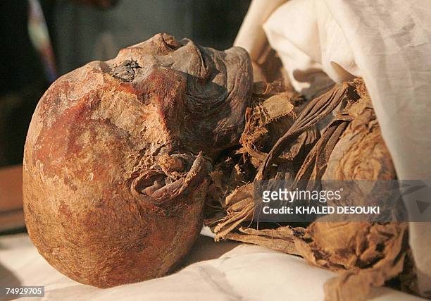 The mummified remains of Queen Hatshepsut, ancient Egypt's most famous female pharaoh, lie in a glass case under the national flag moments before...