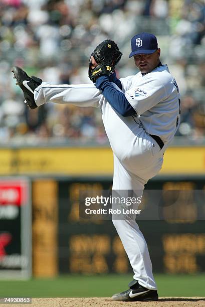 Trevor Hoffman of the San Diego Padres pitches during the game against the Milwaukee Brewers at Petco Park in San Diego, California on May 27, 2007....