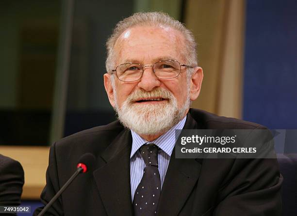 Polish Euro MP Bronislaw Geremek smiles prior to a press conference focusing on the Poland position after last week Brussels summit, held, 27 June,...