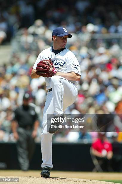 Jake Peavy of the San Diego Padres pitches during the game against the Milwaukee Brewers at Petco Park in San Diego, California on May 27, 2007. The...