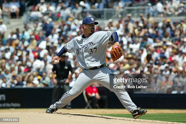 Jeff Suppan of the Milwaukee Brewers pitches during the game against the San Diego Padres at Petco Park in San Diego, California on May 27, 2007. The...