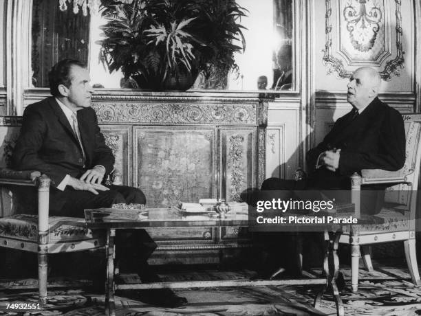 American President Richard Nixon with French President General Charles De Gaulle at the Elysee Palace, Paris, during an official visit by Nixon, 28th...