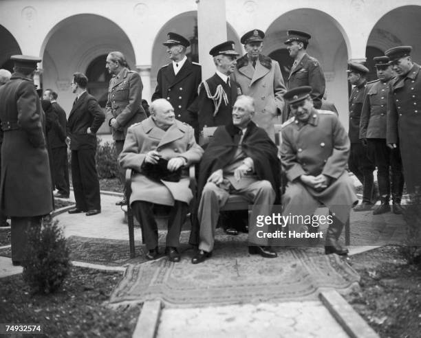 British Prime Minister Winston Churchill , US President Franklin Delano Roosevelt and Soviet leader Joseph Stalin in the grounds of the Livadia...