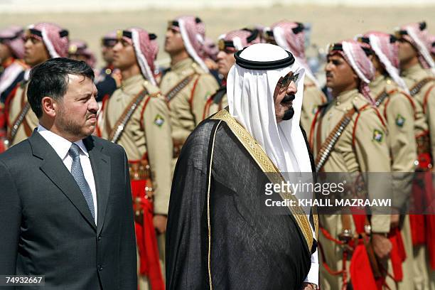 Jordan's King Abdullah II welcomes Saudi King Abdullah for a two-day visit to Jordan in the capital Amman, 27 June 2007. Saudi King Abdullah arrived...