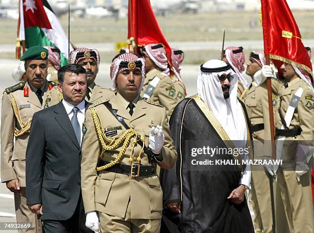 Jordan's King Abdullah II welcomes Saudi King Abdullah for a two-day visit to Jordan in the capital Amman, 27 June 2007. Saudi King Abdullah arrived...