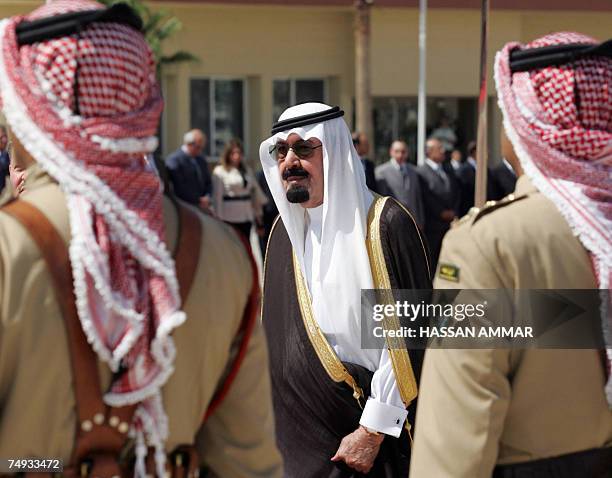 Saudi King Abdullah bin Abdul Aziz al-Saud arrives for his visit to the Jordanian capital Amman, 27 June 2007. The Saudi monarch arrived to a...