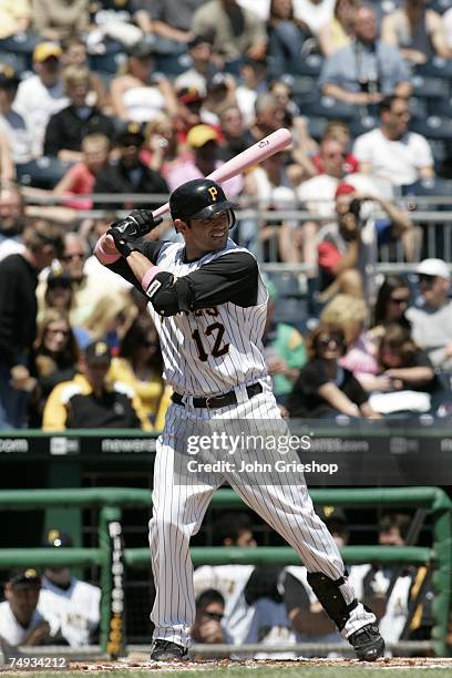 Freddy Sanchez of the Pittsburgh Pirates bats during the game against the Atlanta Braves at PNC Park in Pittsburgh, Pennsylvania on May 13, 2007. The...