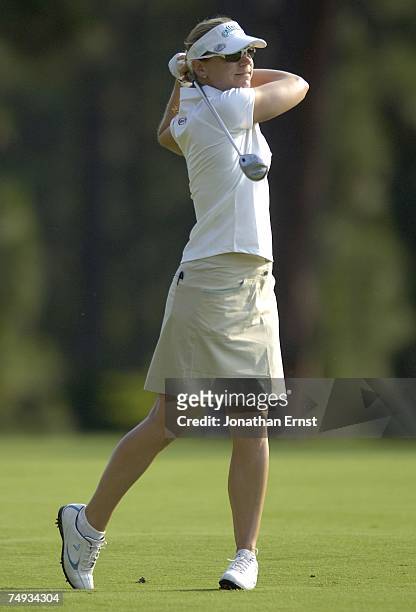 Annika Sorenstam plays a shot from the 2nd fairway during a practice round prior to the start of the U.S. Women's Open Championship at Pine Needles...