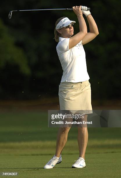 Annika Sorenstam plays a shot from the 1st fairway during a practice round prior to the start of the U.S. Women's Open Championship at Pine Needles...